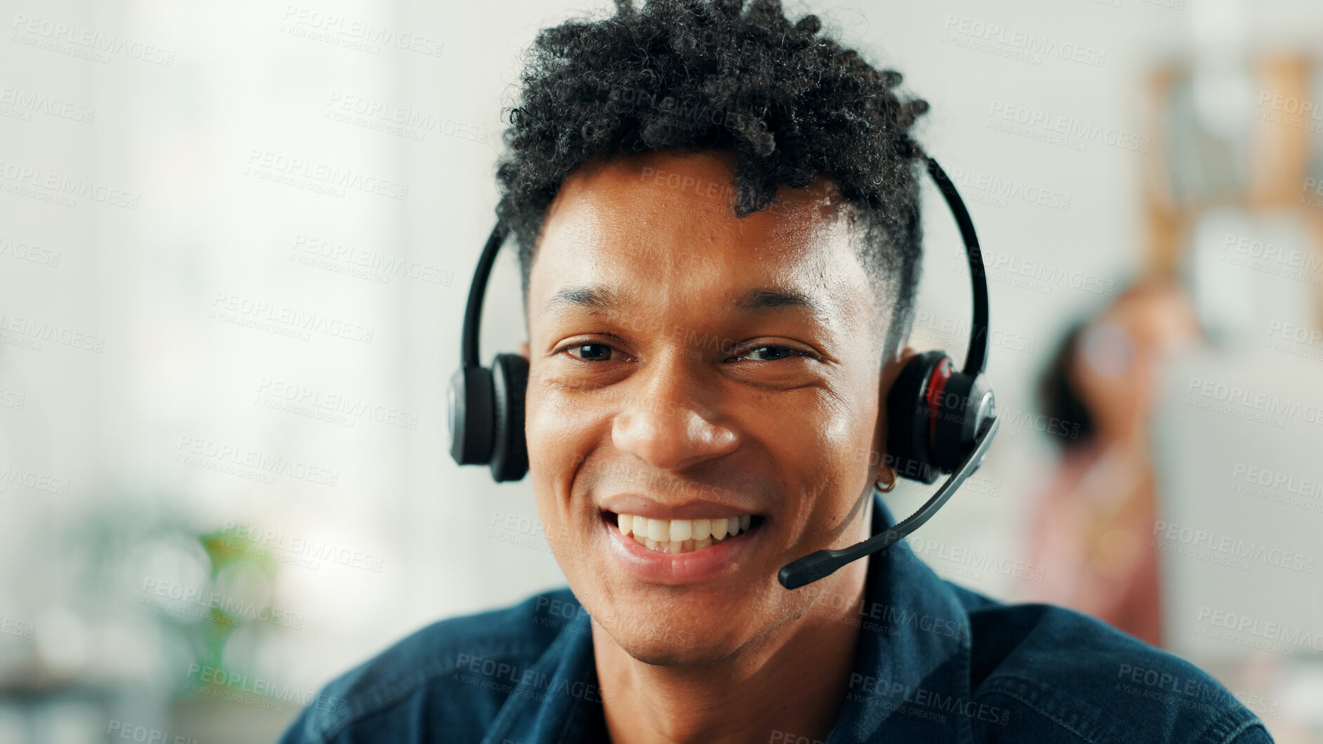 Buy stock photo Consulting, headset and portrait with man in call center for assistance, help or support. Communication, conversation and microphone with virtual assistant at work in customer service for feedback