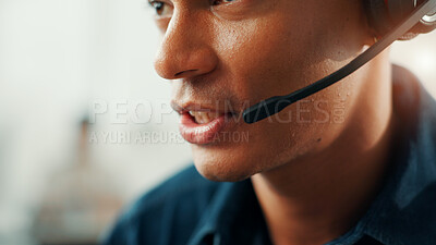 Buy stock photo Business, mouth and man in office, call center and technical support with communication. Person, employee and consultant in workplace, headphones or mic with help desk, advice or talk with connection