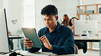 Business, online reading and man in office, tablet and creativity with project, network and connection. Person, journalist and editor in workplace, tech and digital app for ai grammar, pc or schedule