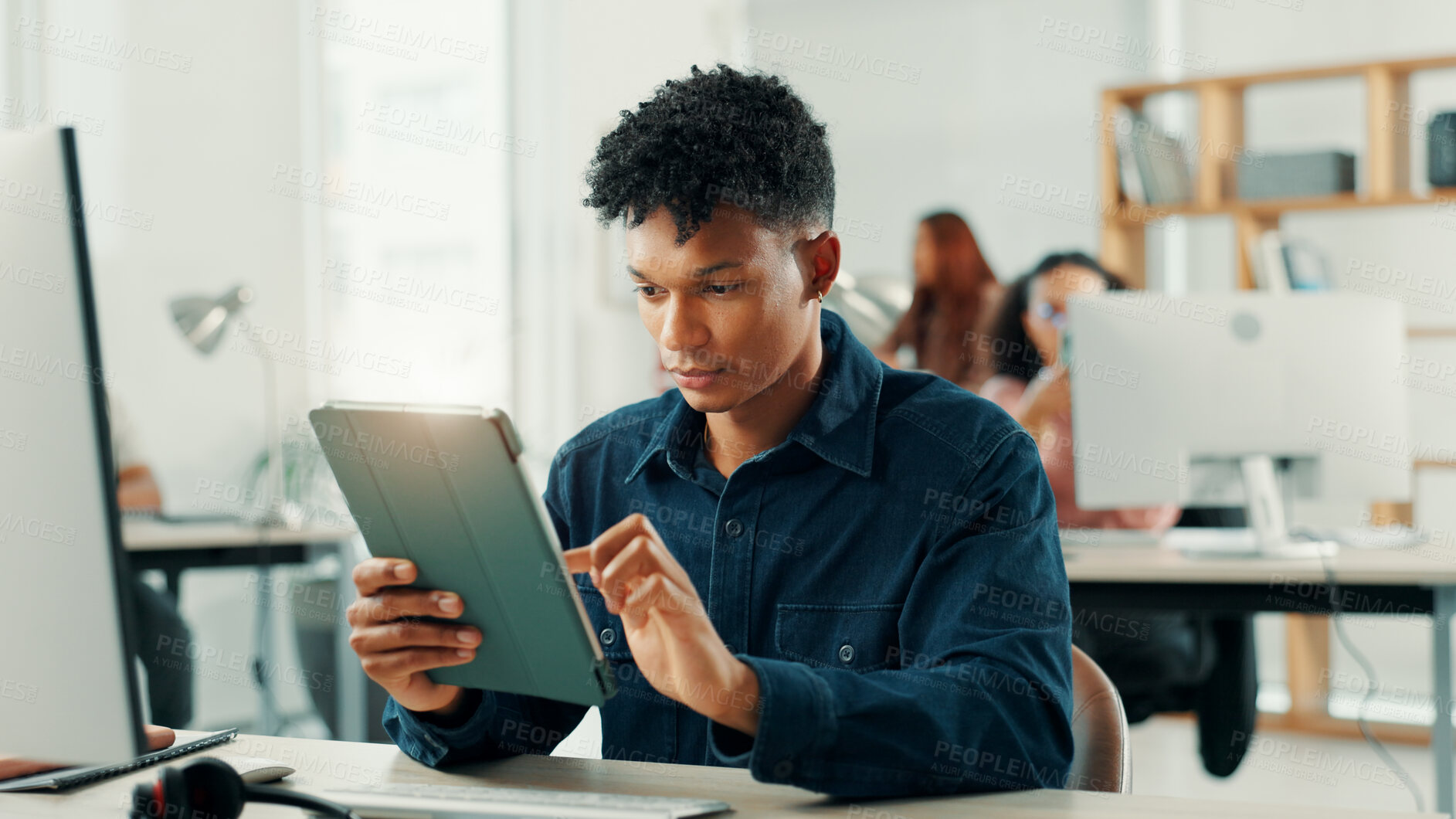 Buy stock photo Business, online reading and man in office, tablet and creativity with project, network and connection. Person, journalist and editor in workplace, tech and digital app for ai grammar, pc or schedule