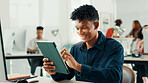 Business, smile and man in workplace, tablet and creativity with project, online reading and email with review. Happy person, journalist or editor in workplace, tech or app for ai grammar or feedback