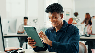 Buy stock photo Business, smile and man in workplace, tablet and creativity with project, online reading and email with review. Happy person, journalist or editor at company, tech or app for ai grammar or feedback