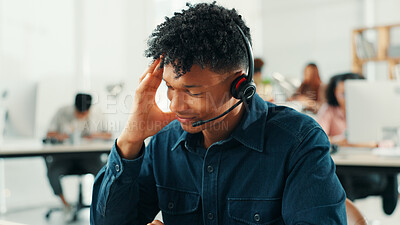 Buy stock photo Headset, stress and support with man in call center for assistance, help or problem solving. Communication, headache and microphone with frustrated virtual assistant at work in customer service