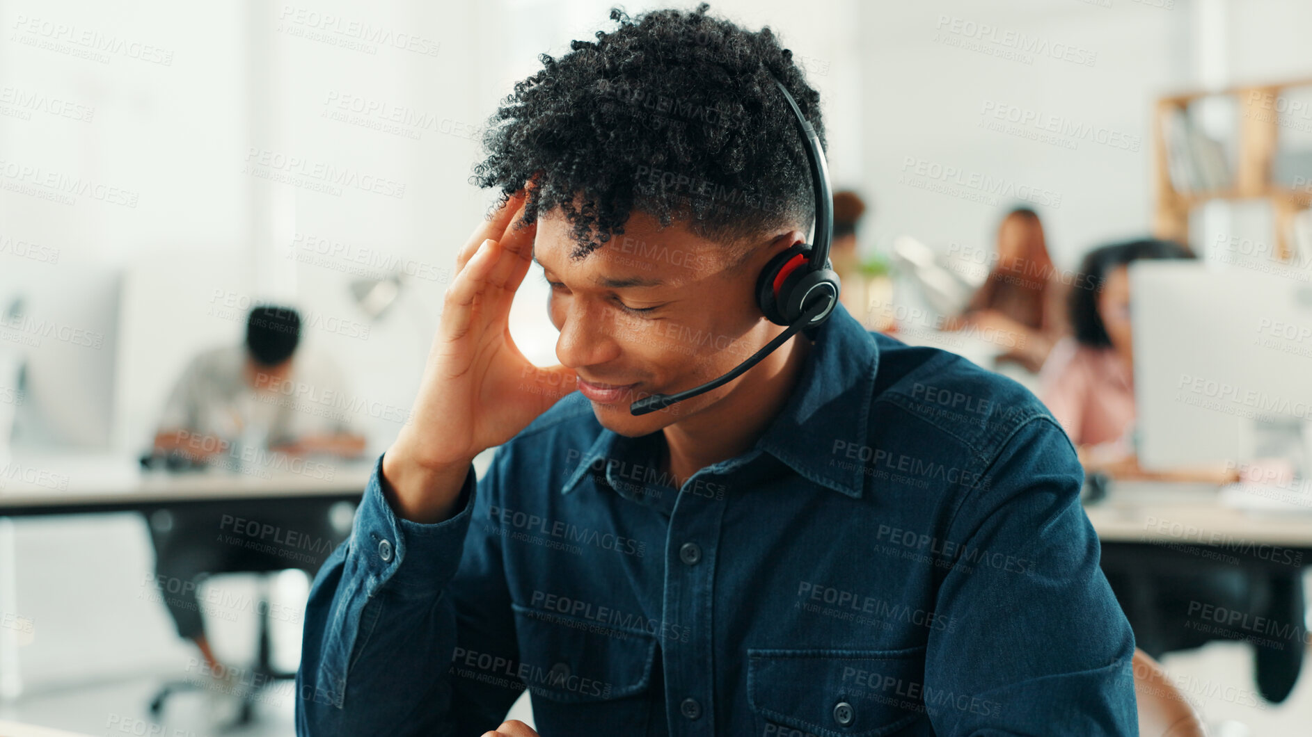 Buy stock photo Headset, stress and support with man in call center for assistance, help or problem solving. Communication, headache and microphone with frustrated virtual assistant at work in customer service