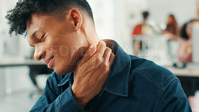 Buy stock photo Stress, university and student in classroom with neck pain, injury or discomfort for fatigue. Overworked, education and male person with poor posture, muscle sprain or tension in lecture for studying