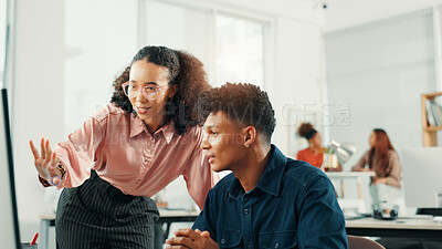 Buy stock photo Computer, mentor and business people in training, help or advice for copywriting in creative startup office. Team manager, coaching intern or learning content writing, talk or teaching with feedback