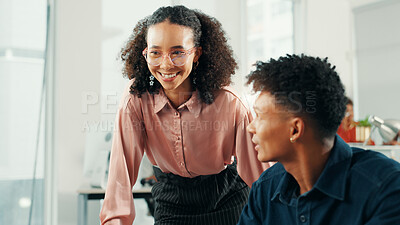 Buy stock photo Creative, mentor and business people in training, help or advice for copywriting in startup office. Team manager, smile and coaching intern for learning content writing, problem solving or teaching