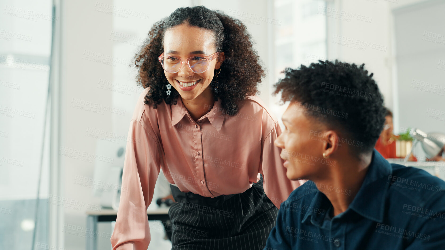 Buy stock photo Creative, mentor and business people in training, help or advice for copywriting in startup office. Team manager, smile and coaching intern for learning content writing, problem solving or teaching