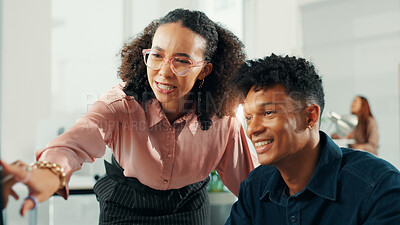 Buy stock photo Creative, mentor and coaching business people for help or advice for copywriting in startup office. Team manager, teaching or training intern for learning content writing, problem solving or feedback