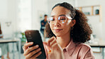 Business, woman and reading with phone in office for text message, editor email and story research. Journalist, african person and scroll on smartphone for work break, check notifications or schedule