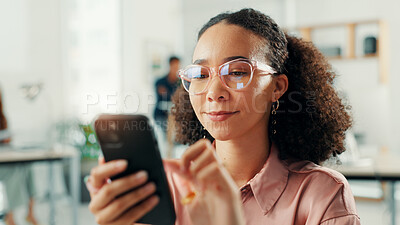 Buy stock photo Business, woman and reading with phone in office for text message, editor email and story research. Journalist, african person and scroll on smartphone for work break, check notifications or schedule