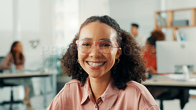Buy stock photo About us, portrait and smile with designer woman in office of small business for startup career. Agency, creative and glasses with happy artistic employee in design workplace for start of new job