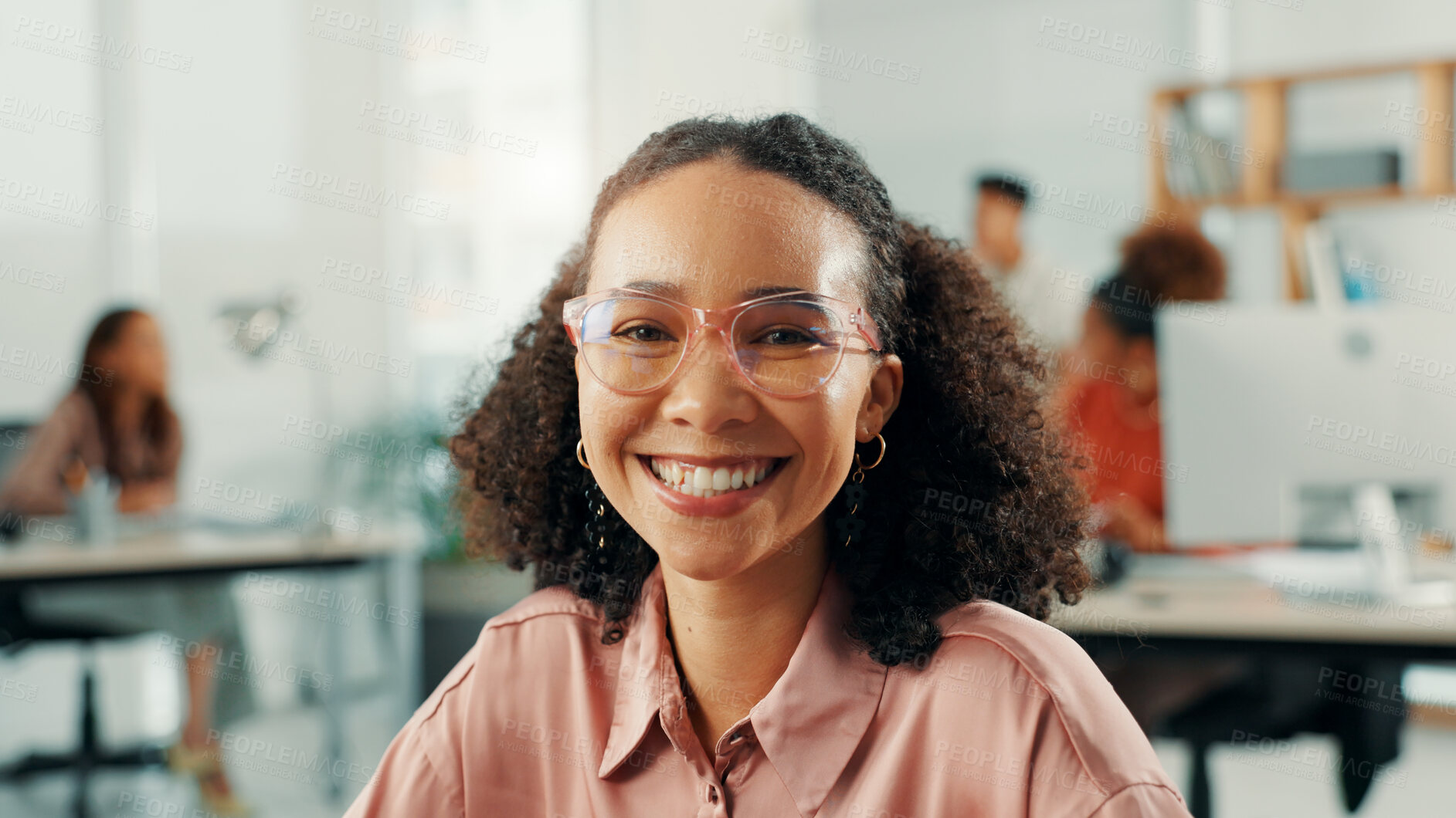 Buy stock photo About us, portrait and smile with designer woman in office of small business for startup career. Agency, creative and glasses with happy artistic employee in design workplace for start of new job