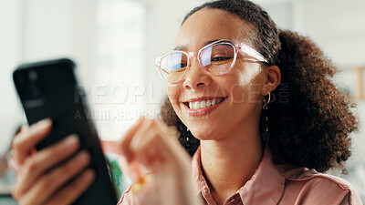 Buy stock photo Business, woman and smile with phone in office for text message, mobile chat and reading digital news. Professional, african person and scroll on smartphone for work break and checking notifications