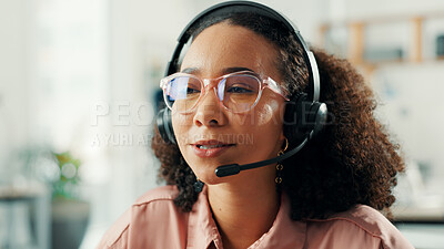 Buy stock photo Headset, woman and receptionist in office with call appointment setting, schedule or support. Audio tech, consultation and female virtual assistant with online for crm integration in workplace.