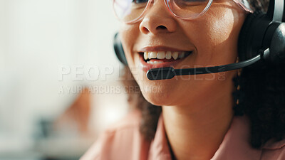 Buy stock photo Business, mouth and woman with headset, call center and technical support with connection. Person, employee and consultant in workplace, headphones or mic with help desk, friendly advice and closeup