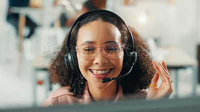 Buy stock photo Headset, happy and woman receptionist in office with online appointment setting, schedule or support. Audio tech, consultation and female virtual assistant with call for crm integration in workplace.