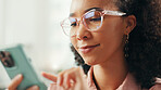 Business woman, smile and reading with phone for editor feedback, email response and online news. Journalist, african person or scroll on smartphone for publication schedule, internet search or chat