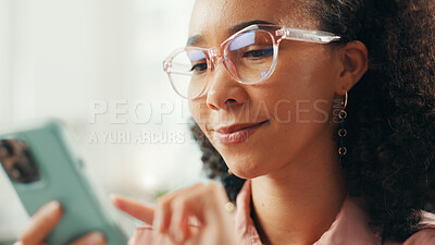 Buy stock photo Business woman, smile and reading with phone for editor feedback, email response and online news. Journalist, african person or scroll on smartphone for publication schedule, internet search or chat