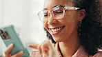 Business woman, happy or typing with phone in office for text message, mobile chat or reading digital news. Professional, employee or scroll on smartphone for work break, check notifications or email