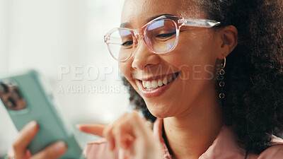 Buy stock photo Business woman, happy or typing with phone in office for text message, mobile chat or reading digital news. Professional, employee or scroll on smartphone for work break, check notifications or email