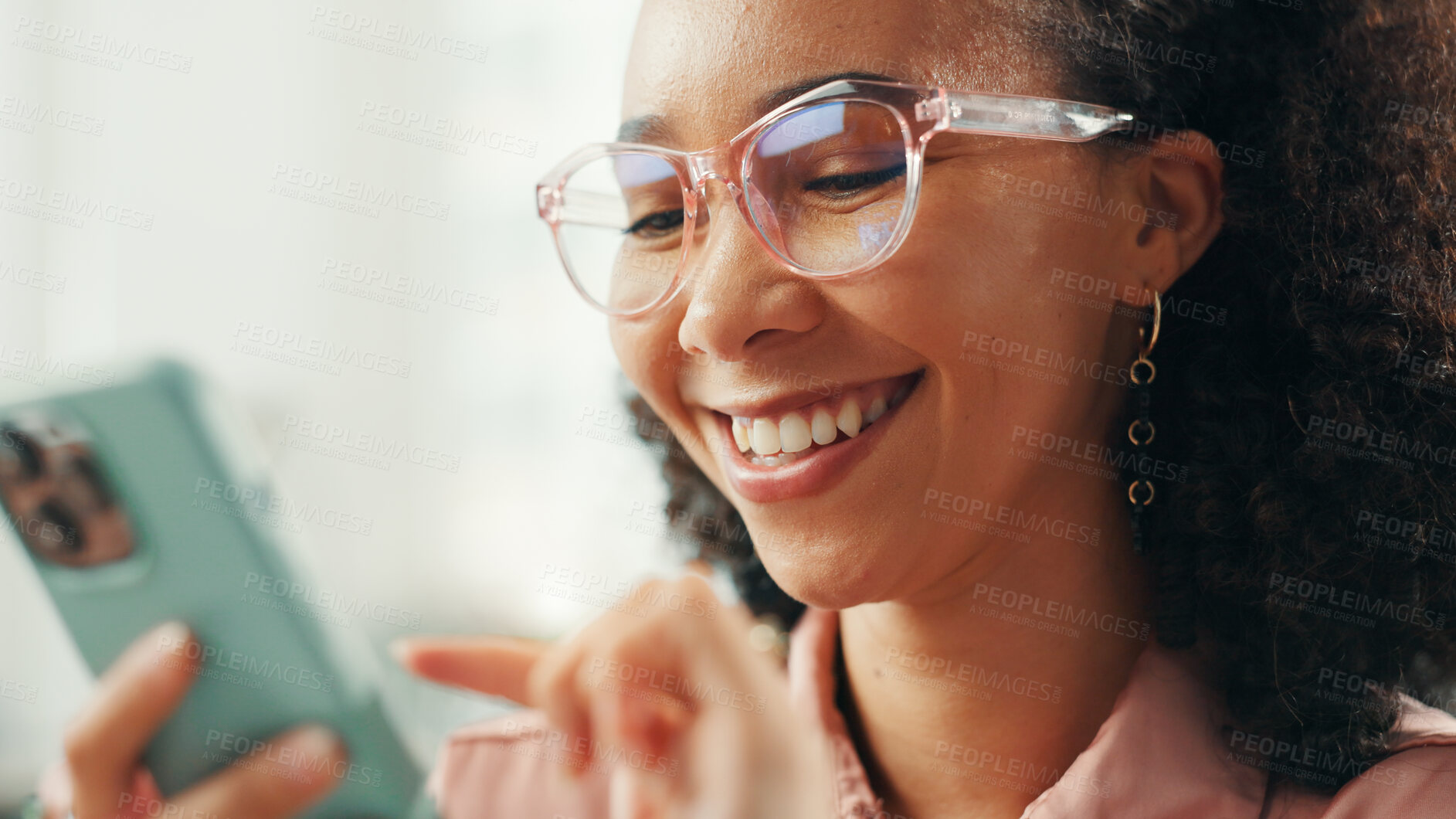 Buy stock photo Business woman, happy or typing with phone in office for text message, mobile chat or reading digital news. Professional, employee or scroll on smartphone for work break, check notifications or email