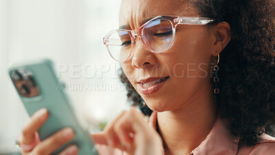 Buy stock photo Confused, phone and reading with business woman for journalist error, fake news and clickbait post. Story glitch, mistake and article fact check with person and online fail for editor review and app