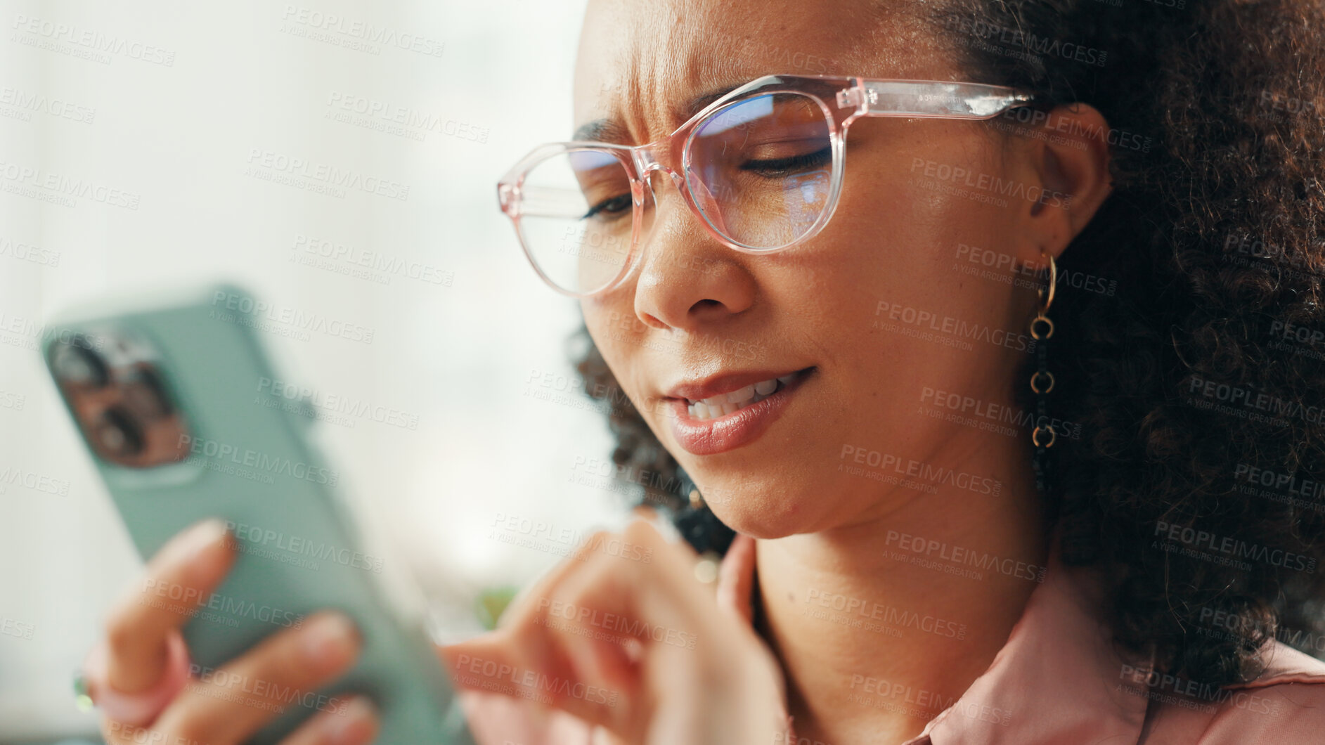Buy stock photo Confused, phone and reading with business woman for journalist error, fake news and clickbait post. Story glitch, mistake and article fact check with person and online fail for editor review and app