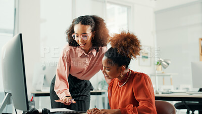 Buy stock photo Document, mentor and business women in training, help or advice for copywriting in creative startup office. Team manager, coaching intern and learning content writing, talking or teaching on computer