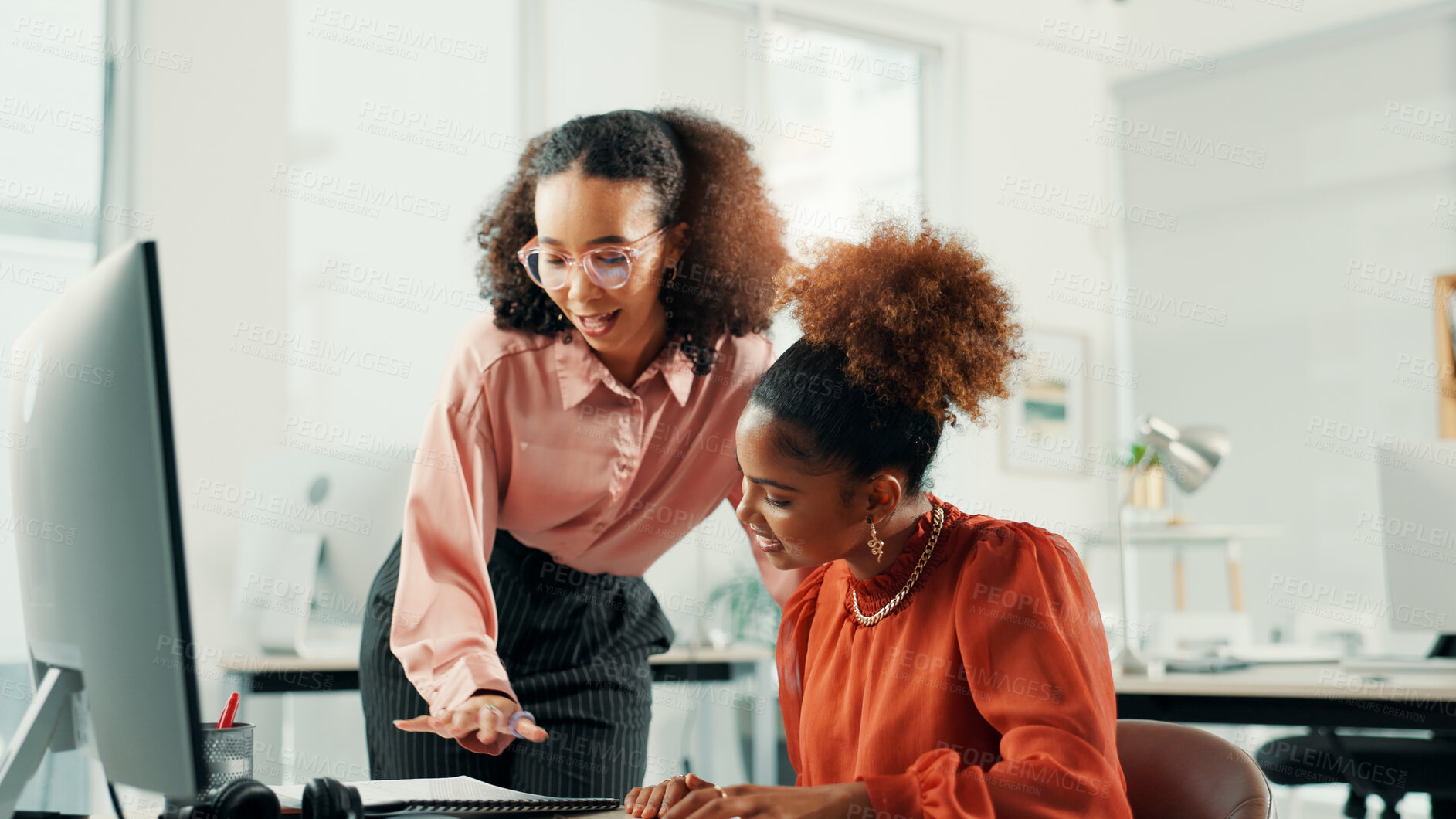 Buy stock photo Document, mentor and business women in training, help or advice for copywriting in creative startup office. Team manager, coaching intern and learning content writing, talking or teaching on computer