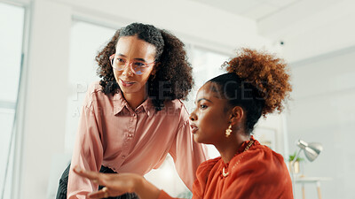 Buy stock photo Creative, mentor and coaching business women for help or advice for journalism in startup office. Team manager, teaching or training intern for learning, problem solving or feedback for news editor