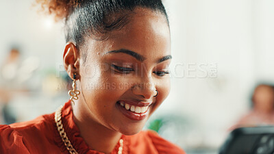 Buy stock photo Happy, communication and woman at university with email for scholarship acceptance for studying. Smile, contact and female student with cellphone for college exam or test admission at campus.