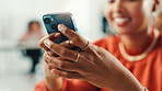 Hands, business and woman with phone in office for communication, reading email and finance website. Accountant, mobile or financial research, schedule update and budget report of investment proposal