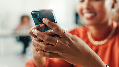 Buy stock photo Hands, business and woman with phone in office for communication, reading email and finance website. Accountant, mobile or financial research, schedule update and budget report of investment proposal