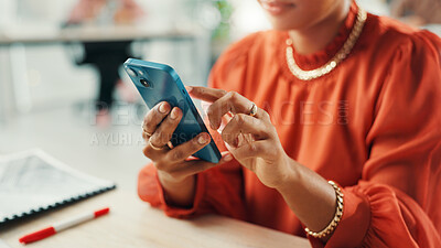 Buy stock photo Hands, phone and business woman in creative office for networking, message and social media marketer online. Mobile, worker and communication on internet for chat, review campaign and project on app