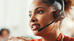 Headset, woman and customer experience consultant in office with online consultation for tech support help. Mic, contact us and female call center agent with lead generation for telemarketing.