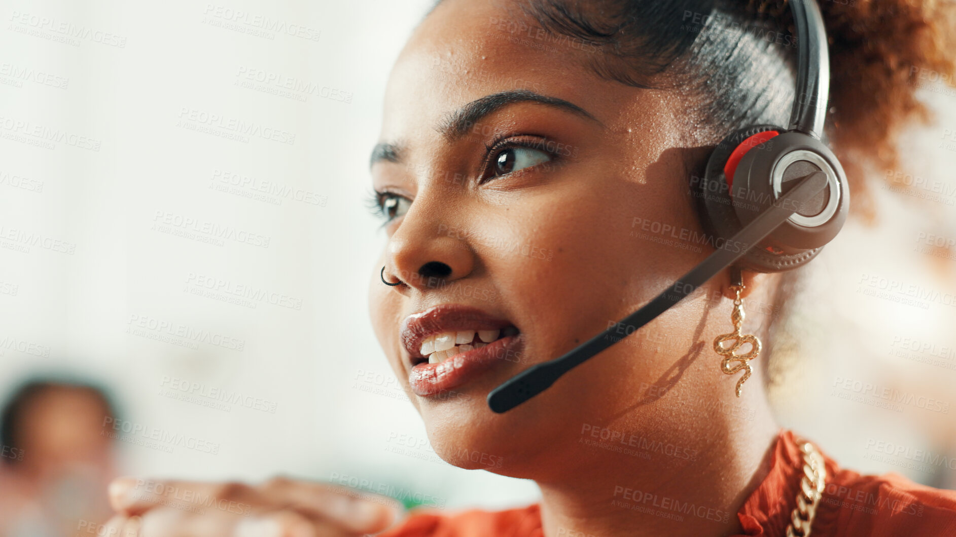 Buy stock photo Headset, woman and customer experience consultant in office with online consultation for tech support help. Mic, contact us and female call center agent with lead generation for communication.
