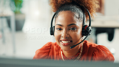 Buy stock photo Headset, woman and technical support agent in office with online consultation for call center help. Mic, contact us and female customer experience consultant with lead generation for telemarketing.