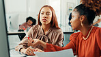 Computer, team and business women planning in office, brainstorming or idea for news in creative startup. Document, collaboration and discussion for project report, journalism and help in meeting
