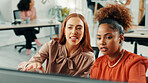 Computer, team and business women in discussion in office, planning or brainstorming for news in creative startup. Solution, collaboration and idea for project on tech, journalism or help in meeting