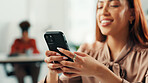 Business woman, hands or typing with phone in office for text message, email response or reading online news. Professional, employee and smartphone for app download, check notifications or web scroll