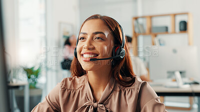 Buy stock photo Headset, happy and virtual assistant in office with online appointment setting, schedule or support. Audio tech, consultation and female receptionist with call for crm integration in workplace.