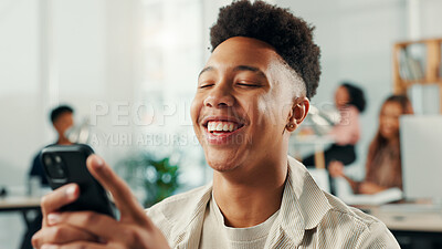 Buy stock photo Smile, creative and man with phone in office for communication, reading email and website update. African person, mobile and laughing for research, schedule and funny report for development proposal
