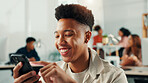 Smile, man and student with phone in class for communication, social media and university report. African person, mobile and scroll of reading email, college portal and notification of study schedule