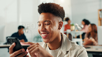 Buy stock photo Smile, man and student with phone in class for communication, social media and university report. African person, mobile and scroll of reading email, college portal and notification of study schedule