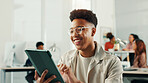 Smile, tablet and business man research in creative office, networking or social media marketer reading email. Technology, worker and communication online for chat, review campaign or startup project