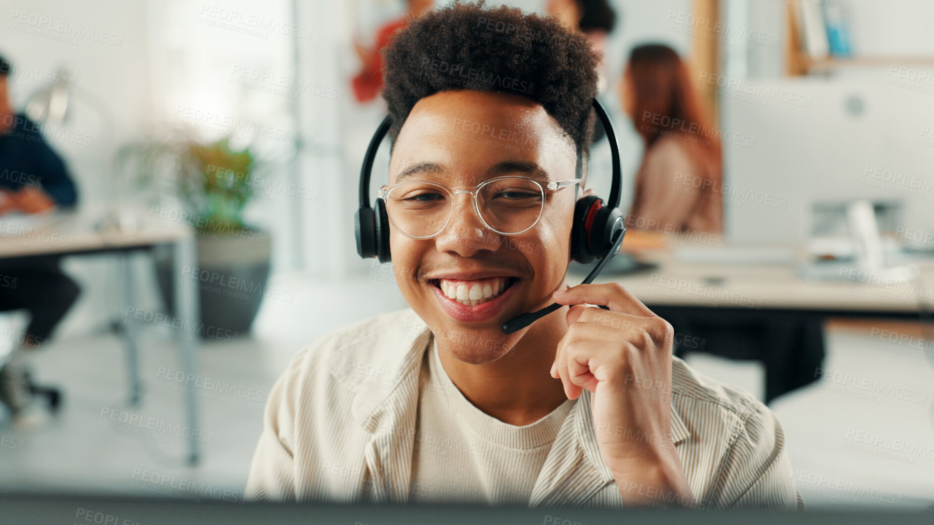 Buy stock photo Headset, happy and man receptionist in office with online appointment setting, schedule or support. Audio tech, consultation and male virtual assistant with call for crm integration in workplace.