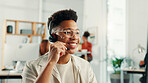 Headset, man and receptionist in office with online appointment setting, schedule or support. Audio tech, consultation and male virtual assistant with smile for call with crm integration in workplace