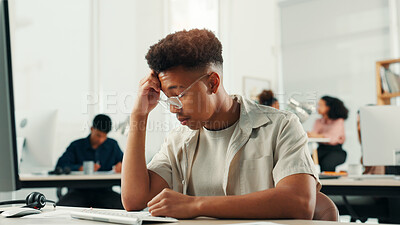 Buy stock photo Anxiety, computer and headache with designer man in office for project or reporting deadline. Frustration, stress and web development with small business employee in creative startup for solution