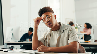 Buy stock photo Computer, headache or stress with designer man in office for project or reporting deadline. Anxiety, burnout and frustration with small business employee in creative startup for problem solving